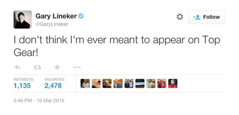Gary Lineker: destined never to appear on Top Gear