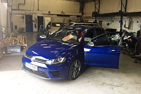In the police compound after being recovered: our VW Golf R looking sorry for itself