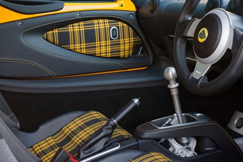 Lovely tartan and exposed gear linkage of Lotus Exige Sport 350