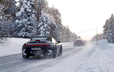 A pair of new '992' Porsche 911s winter testing in Sweden