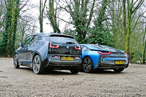 BMW i3 (left) dwarfs i8 sports car (right)