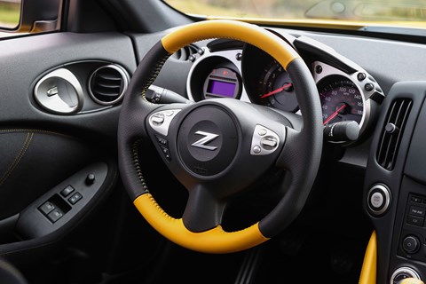 Yellow steering wheel! Inside cabin of new Nissan 370Z Heritage Edition