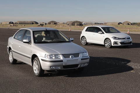 VW Golf GTE and a IKCO Samand, the Iranian-bulit popular car