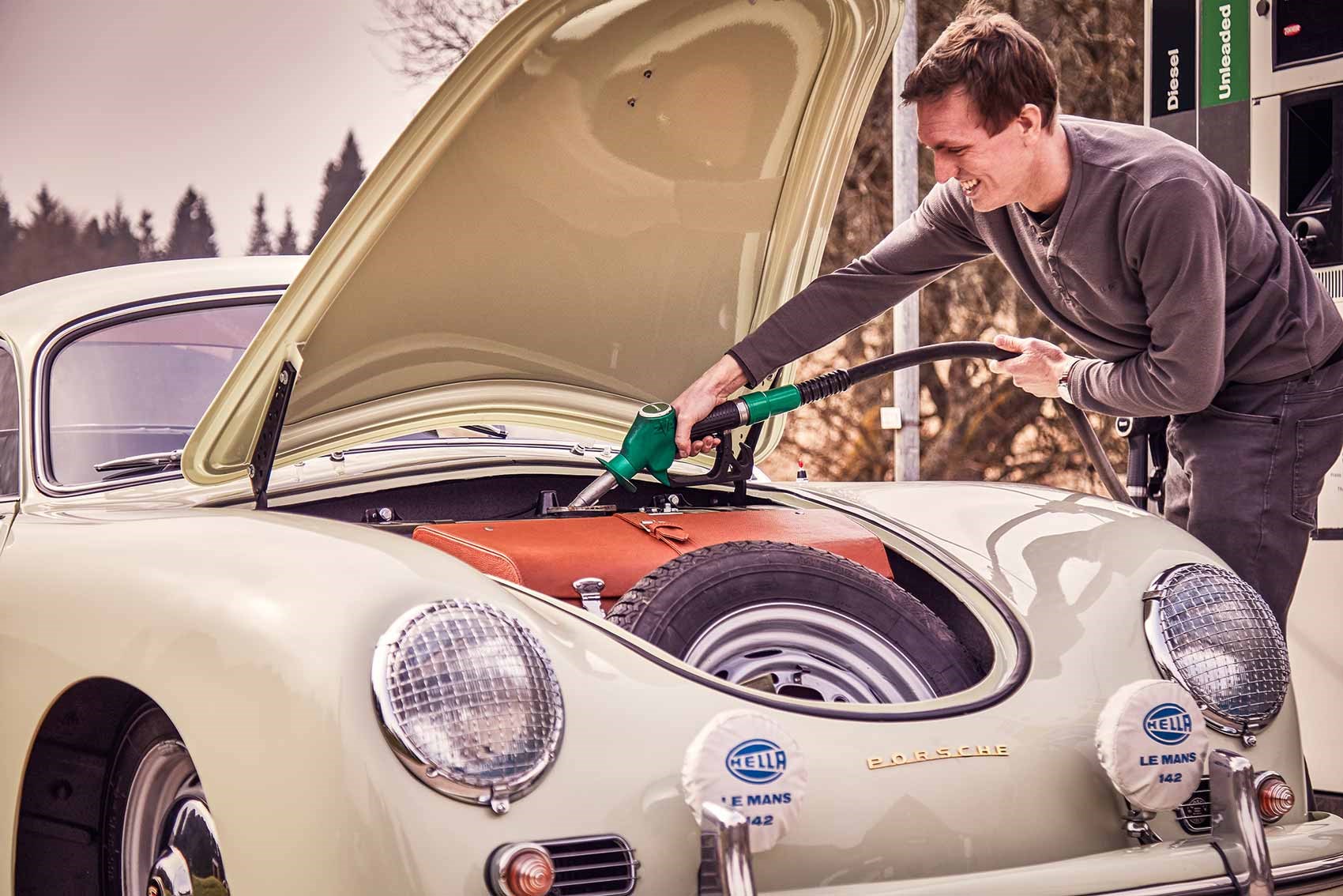 CAR magazine's James Taylor fills up the Porsche 356: fuel tank under the bonnet! CAR magazine's James Taylor fills up the Porsche 356: fuel tank under the bonnet!