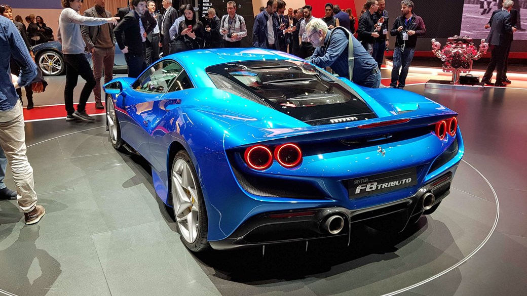 Ferrari F8 Tributo at the 2019 Geneva motor show - rear view, blue