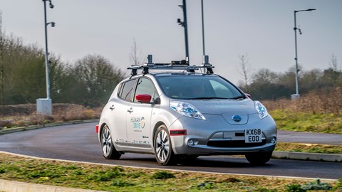 Nissan Leaf Human Drive autonomous car on the test track at Cranfield R&D base