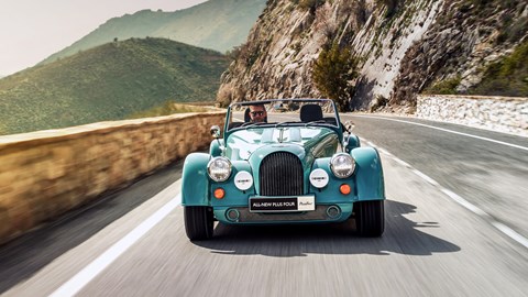 Turquoise 2020 Morgan Plus Four front elevation driving