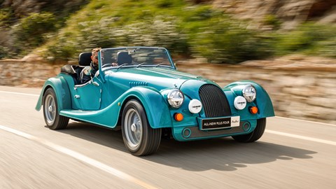 Turquoise 2020 Morgan Plus Four front three-quarter driving
