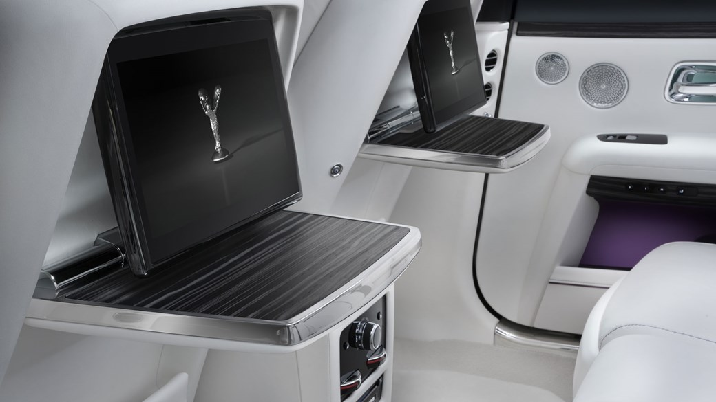 Rolls-Royce Ghost, 2020, interior, rear seats, legroom, tables