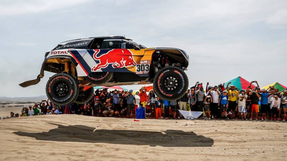 Peugeot getting some air at the 2018 Dakar rally
