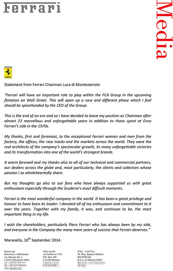 Luca di Montezemolo's statement issued on 10 September 2014