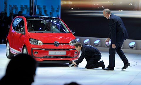 VW’s Stackmann mislays his sense of humour as comic Simon Brodkin fits a ‘cheat box’ to the Up at Geneva