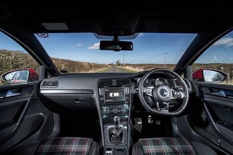 The cabin of our VW Golf GTI Mk7 - with tartan seats!