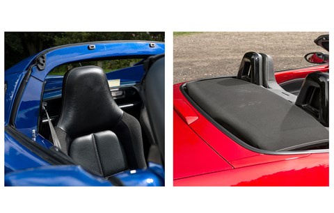 Elise rattles less with the roof off; MX-5 is equally noisy with roof up or down (but manual roof is sooo easy to operate)