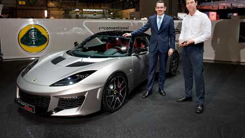 Lotus chief Jean-Marc Galles (left) and CAR's Ben Barry at Geneva