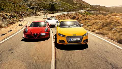 Alfa Romeo 4C (red), Audi TT (yellow) and Porsche Cayman (silver)
