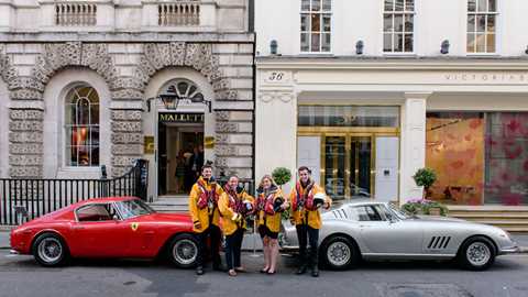 RNLI crew members with the two classic Ferraris