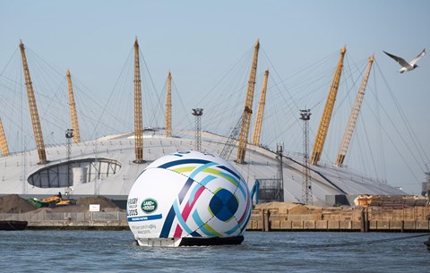 Land Rover floats a giant rugby ball down the Thames