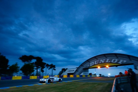 The winning Porsche 919 Hybrid of Nico Huelkenberg, Earl Bamber and Nick Tandy during the night