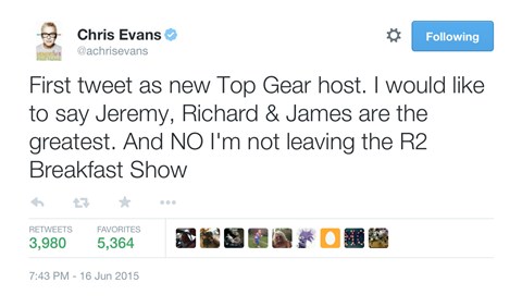 Chris Evans' first tweet as a Top Gear presenter