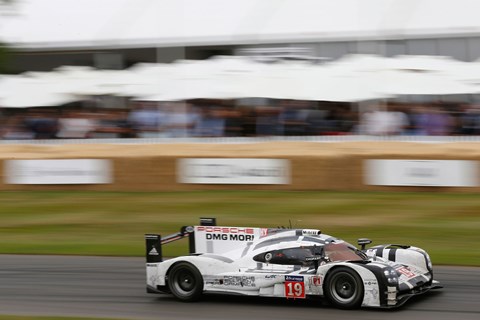 Brendon Hartley blasts up the Goodowood hill in the Le Mans-winning Porsche 919 hybrid