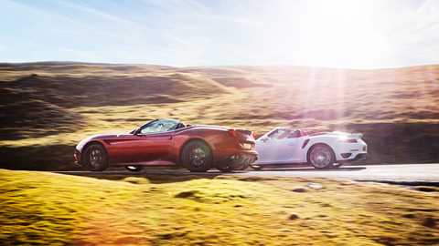 Ferrari California T takes on Porsche 911 Turbo S Convertible. Photographed for CAR by Mark Bramley