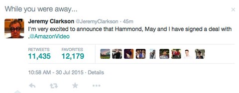Jeremy Clarkson breaks the news on his Twitter account