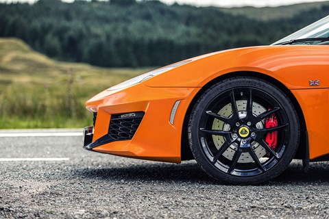 42kg lighter than previous Evora, the 400 gets uprated AP Racing brakes