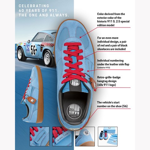 Porsche's Retro Sneaker is characterised by the classic narrow and flat silhouette of the Porsche 911 S 2.5 from 1972