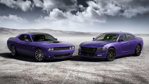 Dodge Challenger (left) and Charger in Plum Crazy purple