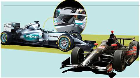 Mercedes’ so-called ‘halo’ concept puts a carbon ring around the driver’s head with a central strut and rear hinge