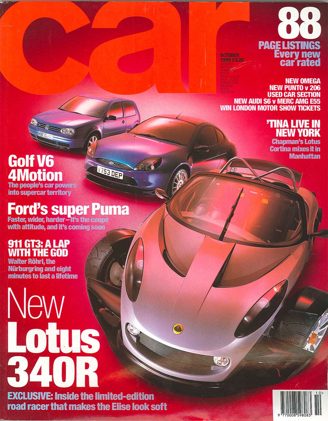 CAR magazine, October 1999: starring the Ford Racing Puma, Lotus 340R and VW Golf V6 4Motion