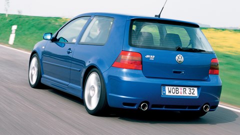 VW Golf Mk4 R32 review - rear, driving, blue