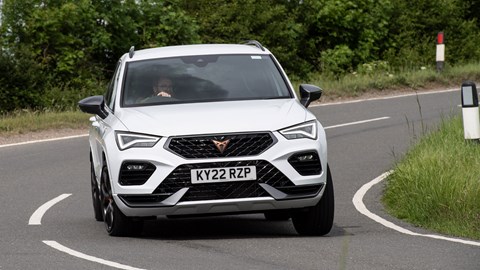 Cupra Ateca review - facelift, front view, white, driving round corner