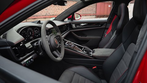 Porsche Panamera GTS: front seat and steering wheel, black upholstery