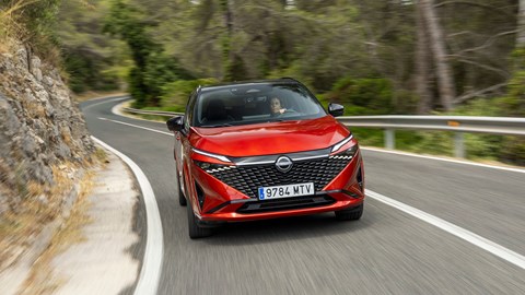 Nissan Qashqai e-Power (2025) review: front three quarter cornering, red paint