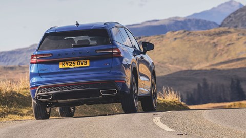 Skoda Kodiaq vRS review - rear, blue, cresting hill