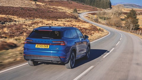 Skoda Kodiaq vRS review - rear, blue, driving