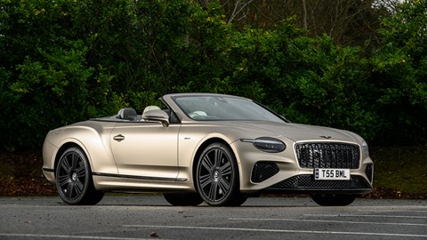 Bentley Continental GT Convertible (2025) review: front three quarter static, beige paint, roof down