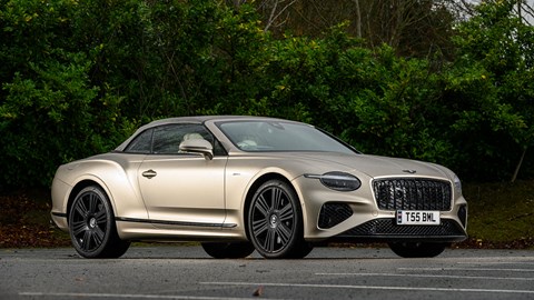 Bentley Continental GT Convertible (2025) review: front three quarter static, beige paint, roof up