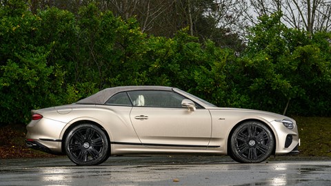 Bentley Continental GT Convertible (2025) review: side view static, beige paint, roof up