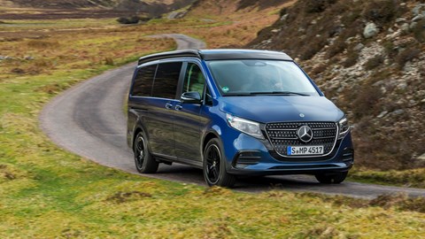 Mercedes-Benz V-Class Marco Polo, front, driving round corner, blue