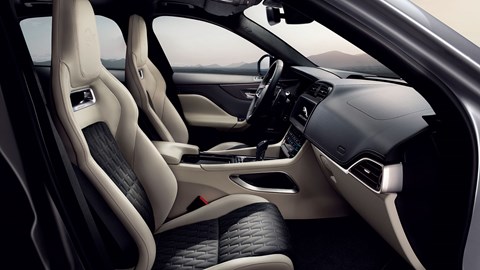 Figure-hugging, GT3-alike sports seats in Jag F-Pace SVR cabin