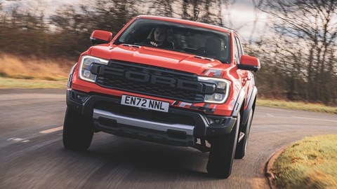 Ford Ranger Raptor (2023) review: front tracking while cornering, orange paint