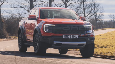 Ford Ranger Raptor (2023) review: front tracking, corner exit, orange paint