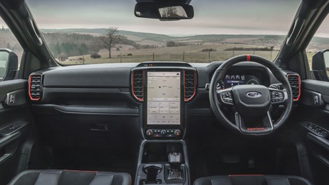 Ford Ranger Raptor (2023) review: dashboard and infotainment, head-on view, black upholstery