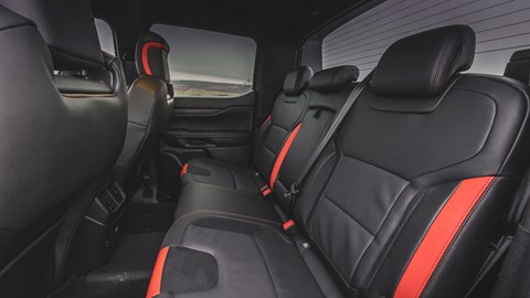 Ford Ranger Raptor (2023) review: rear seats, black leather upholstery