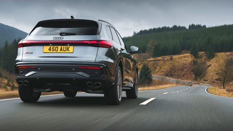 Audi SQ5 review - rear, grey, driving on winding road