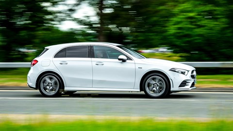 Mercedes-Benz A250e plug-in hybrid review - side, driving, white