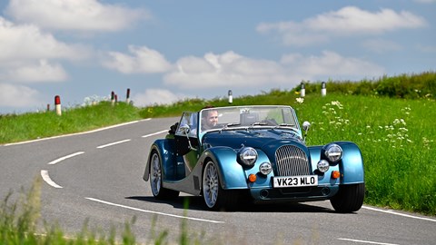 Morgan Plus Six review - front, blue, driving round corner, exclusive Bauer image